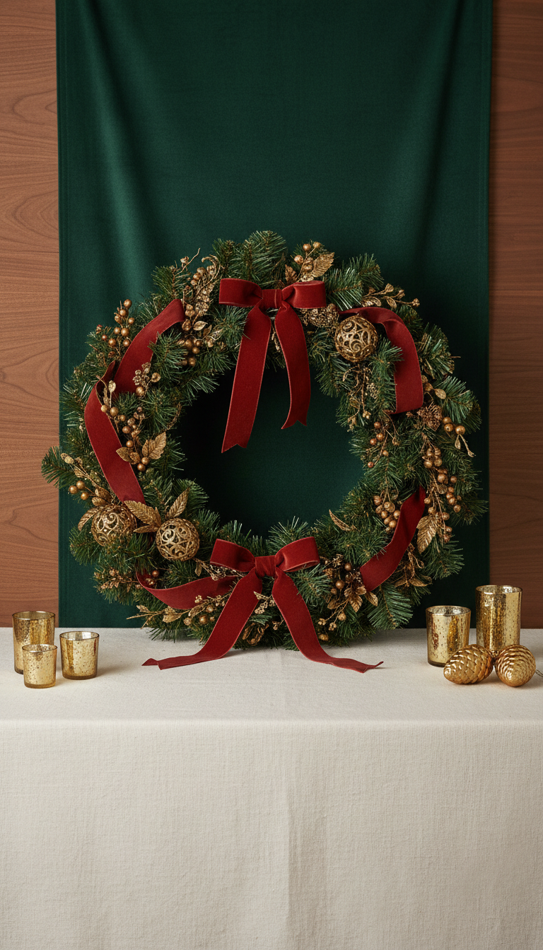 Gold-Accented Pine Garland with Velvet Ribbon